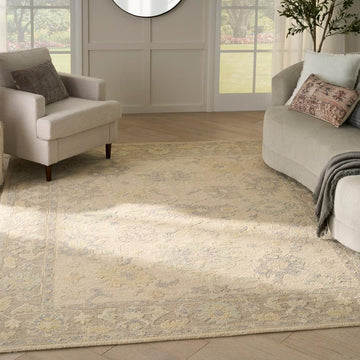 Maison MSO04 Traditional Persian Vintage Oushak Floral Border Hand-Knotted Sculpted Textured Hi-Low Aged Patina Wool Loop Pile Ivory/Taupe Rug-Nourison-Rug Love - The Most Loved Rug Store